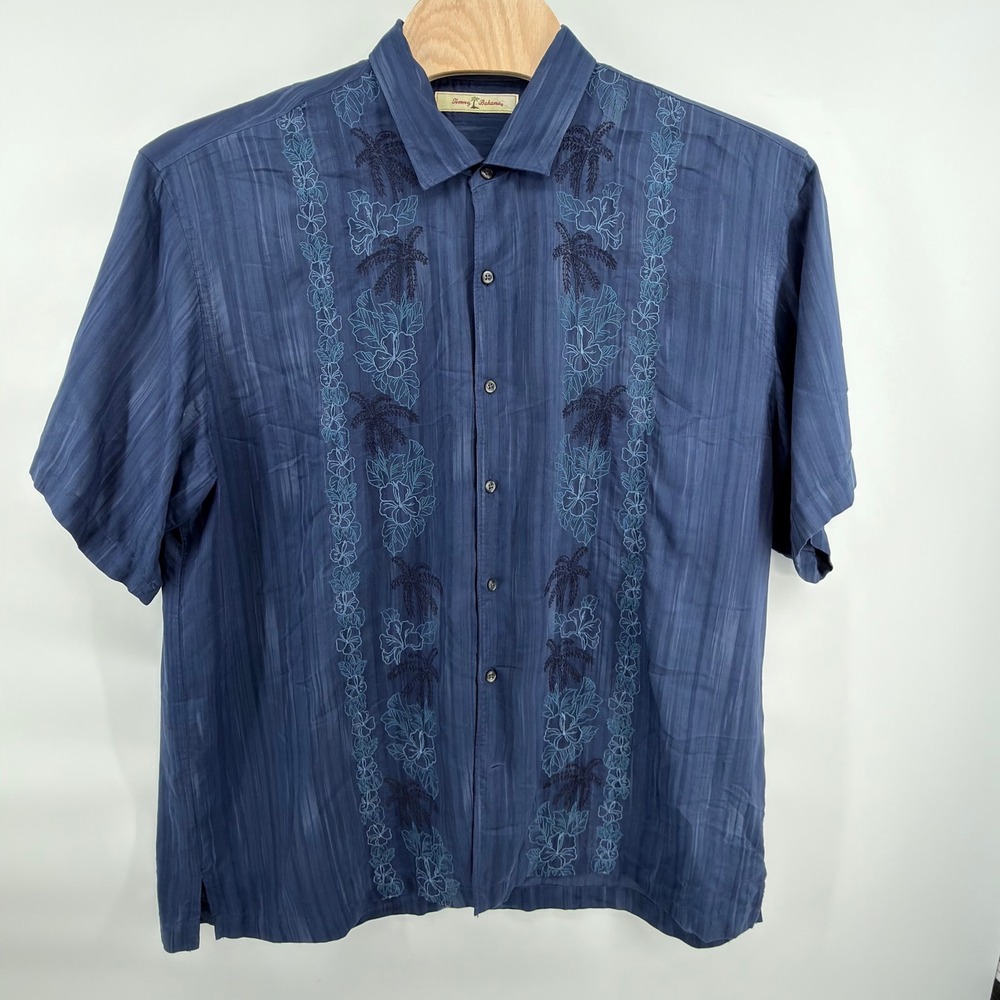 Tommy Bahama Button Front Shirt Mens XXL Blue Silk Blend Embroidered Tropical